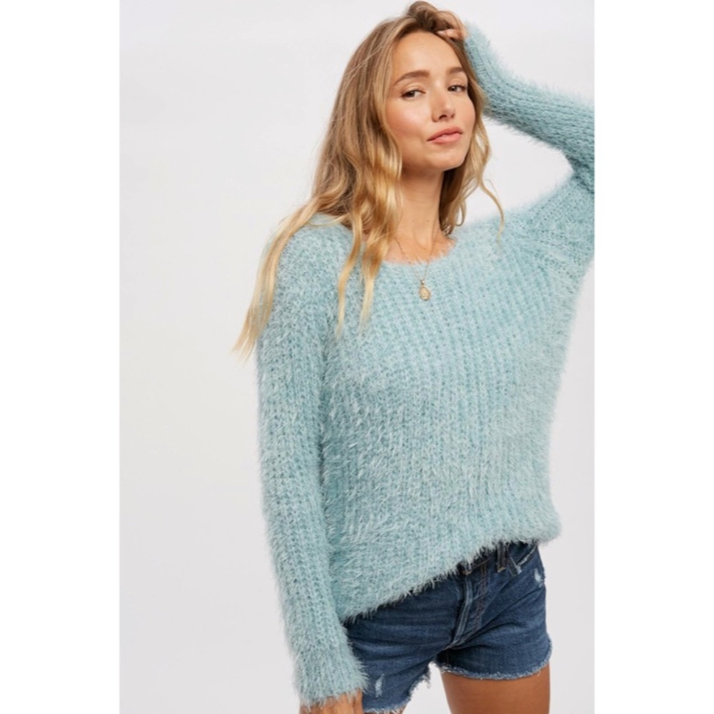 SOLD OUT Dark Mint Fuzzy Boucle Comfy Soft Pullover Knit Relaxed Fit Sweater - Picture 3 of 8